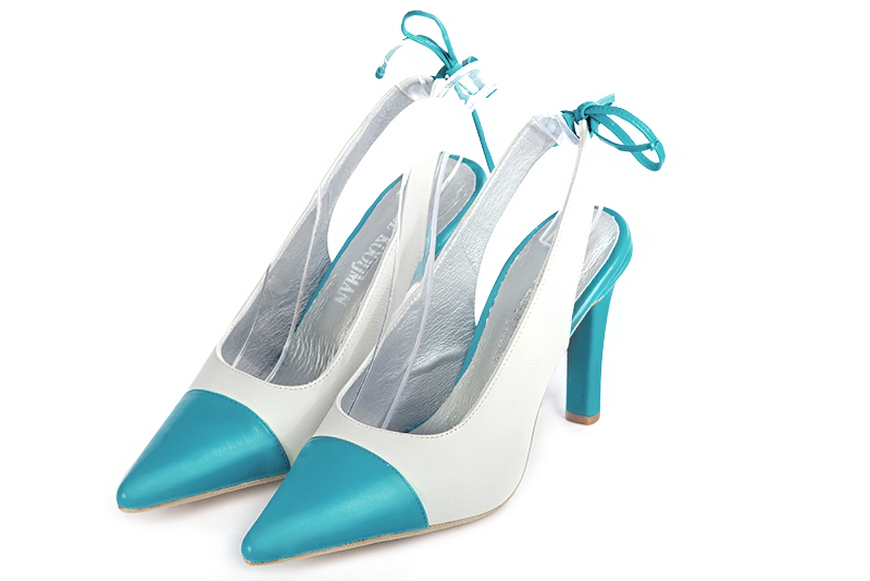 Turquoise blue and off white women's slingback shoes. Pointed toe. High slim heel. Front view - Florence KOOIJMAN